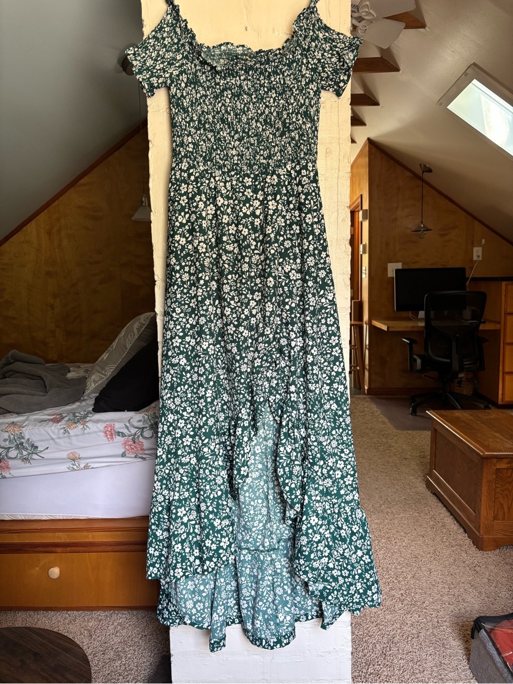 Francesca's Norah Green Ditsy Floral Off the Shoulder Maxi Dress